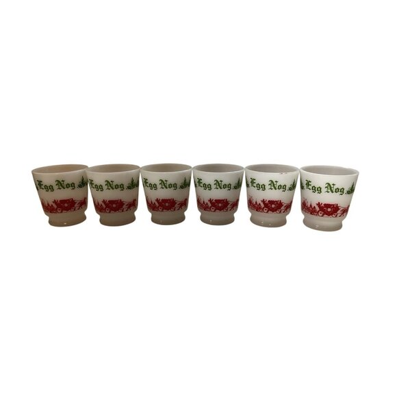 1950s Hazel Atlas Milk Glass Christmas Egg Nog Punch Bowl Set with 6 Cups - Picture 6 of 11